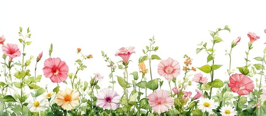 Watercolor floral border, garden blooms, white background, spring design