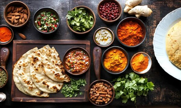 Overhead shot of a butter garlic naan setup with traditional Indian spices in the background