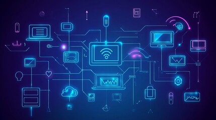Fototapeta premium Neon blue network diagram with various connected devices and technology icons displayed clearly