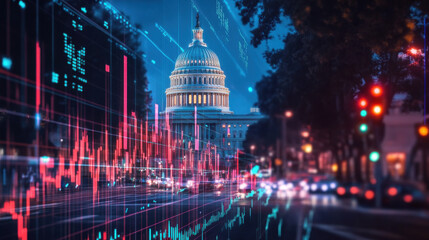 Dusk settles over the Capitol building as colorful financial data is displayed, blending traditional architecture with modern market analytics in a vibrant urban environment