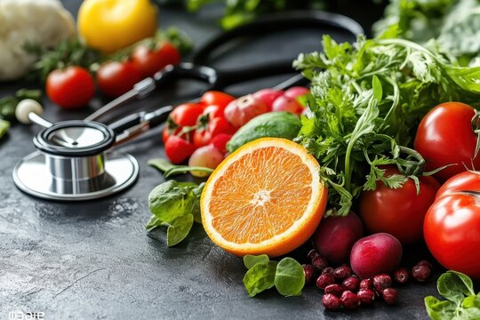 Fresh fruits and vegetables with a stethoscope on a kitchen countertop promoting healthy eating