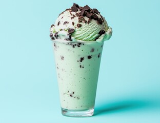 Mint chocolate chip ice cream in a glass.