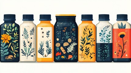 Colorful assortment of beverage bottles with botanical illustrations on display against a light background