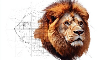 Fototapeta premium Hand-drawn animal step guide for lion, showing construction lines and face details