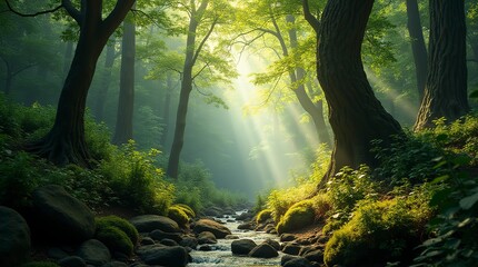 Obraz premium A tranquil forest scene at dawn, soft light filtering through the trees, a gentle stream flowing. Ethereal Sunlight Beams Through Towering Trees and Vibrant Green Undergrowth