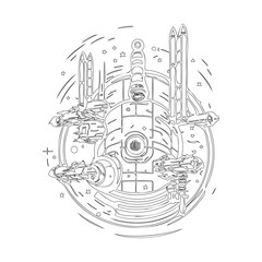 Detailed Space Station Illustration in Line Art
