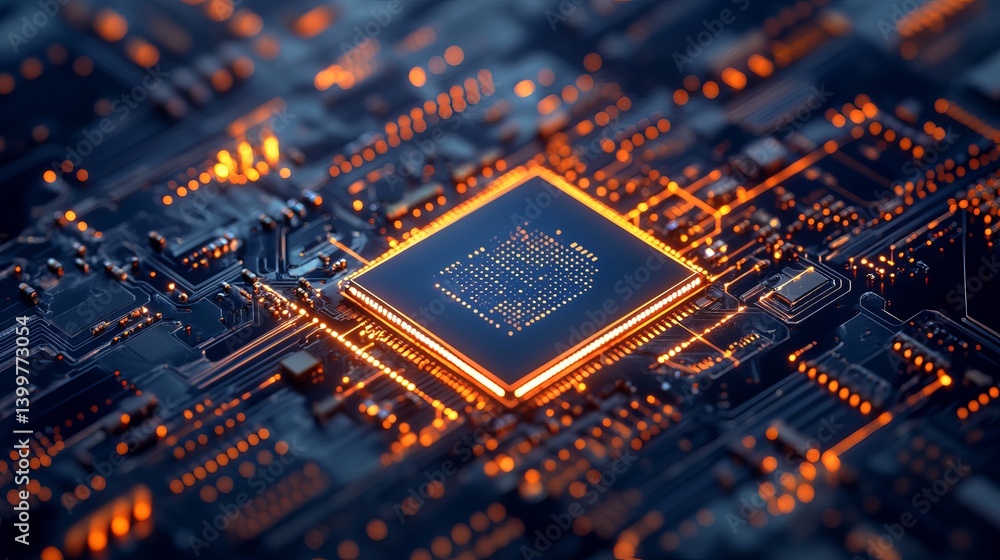 Aufkleber closeup of a glowing central processing unit with intricate circuit board connections and orange hig
