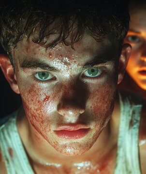 Intense close-up of a young man with a determined expression and blood on his face.