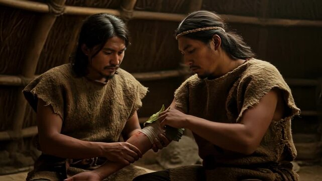 Two ancient tribal men inside a primitive dwelling, one carefully applying leaves as a herbal dressing to the other's injured arm, demonstrating early medicine 