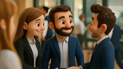 Cartoon characters in business attire exchange smiles and handshakes, sealing a positive connection.