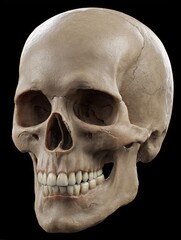 Obraz premium Detailed human skull on a black background.
