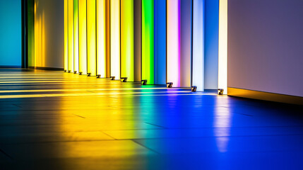Row of vibrant neon lights reflecting on surface minimalist design.