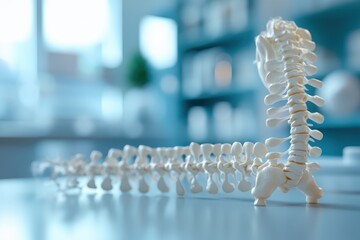 Fototapeta premium Anatomical model of human spine displayed in a modern healthcare office environment
