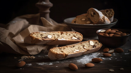 Biscotti and almonds on a wooden surface