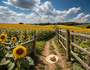 Fototapeta premium Scenic countryside path through a blooming sunflower field under a vibrant blue sky with clouds and a straw hat on the trail, perfect for summer, travel, and nature themes.