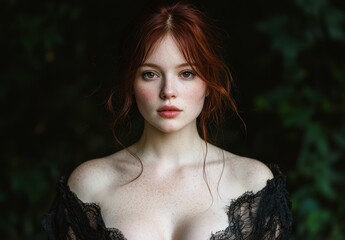 Portrait of a beautiful redhead woman with freckles.