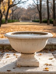 A tranquil stone fountain in a park during autumn.