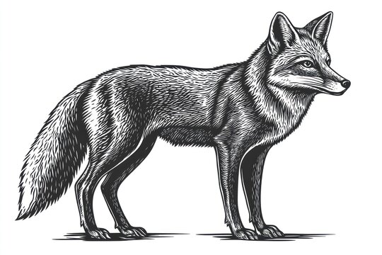 Gray fox standing, wildlife, nature, white background, illustration, animal print
