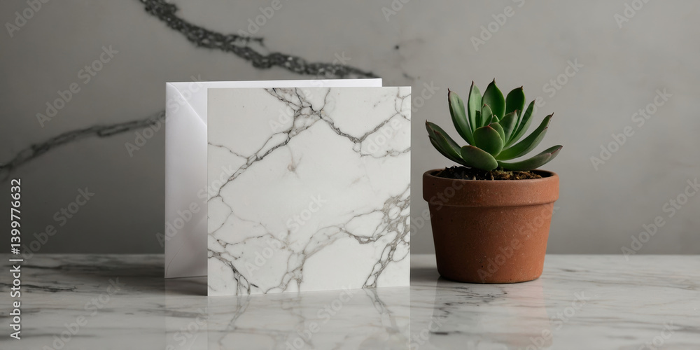Poster elegant marble surface with a potted succulent and minimalist card display in a modern setting