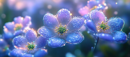 Dew-kissed blue flowers in a field, sunrise background, nature wallpaper