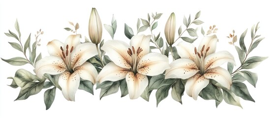 Fototapeta premium Elegant cream lilies & greenery border; wedding invitation design