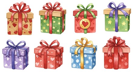 Watercolor Delight: Eight Festive Gift Boxes Overflowing with Joy AI Generated