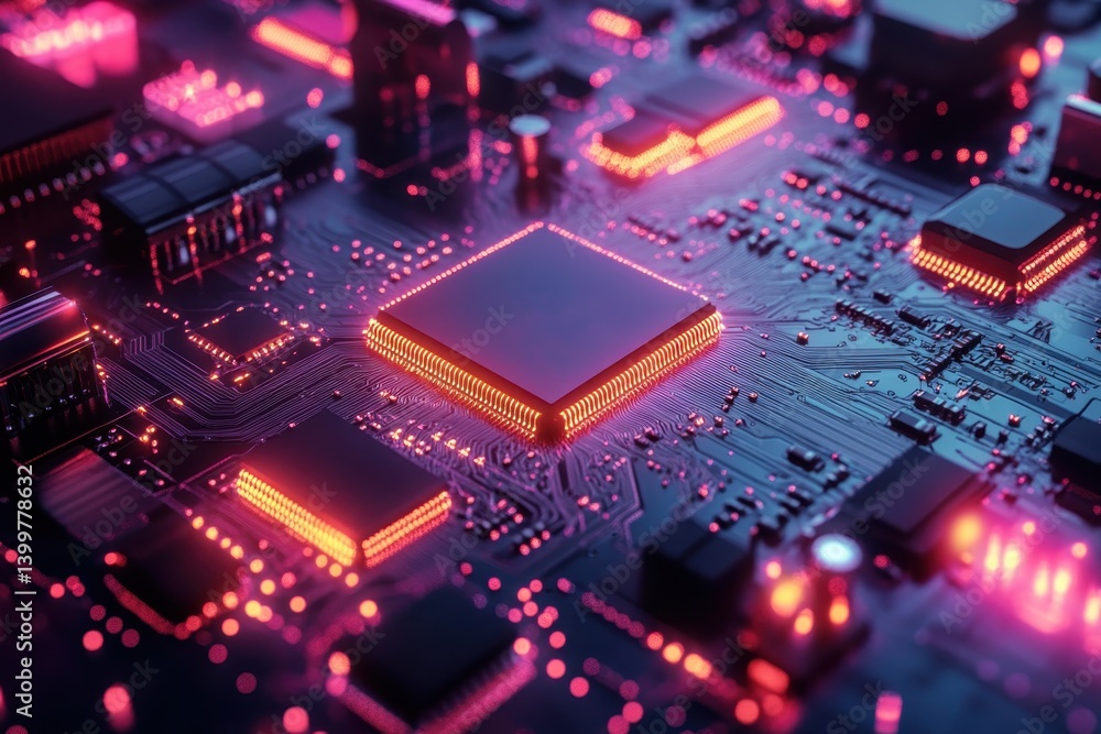 Poster vibrant close-up of a computer circuit board with illuminated components in a futuristic setting