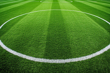 Obraz premium Center of soccer field showing perfectly mowed grass and white lines