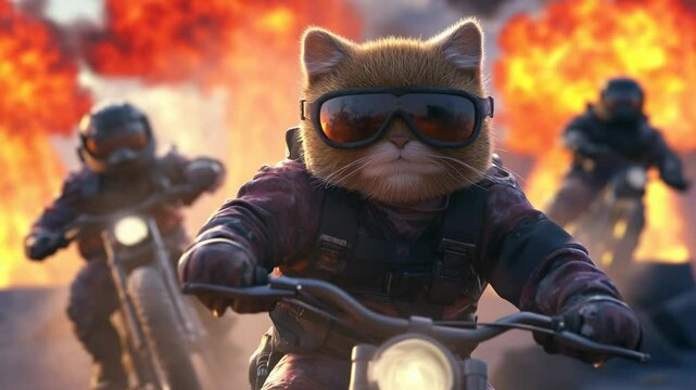 Fierce cartoon cat riders in sunglasses perform thrilling stunts against a fiery backdrop during an action-packed adventure