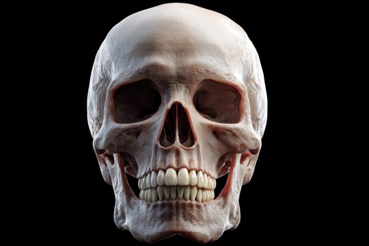Anatomical skull model on a black background.