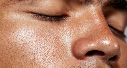 Close-up of a man's face with closed eyes, showcasing skin texture and pores.