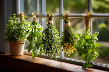 Organic herbs hanging to dry in sunny kitchen window evoking traditional homemade cooking and wellness atmosphere  
