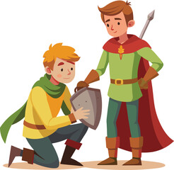 Young squire helping knight with gear. Assistant character for medieval tales, training, or character progression