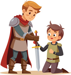 Young squire helping knight with gear. Assistant character for medieval tales, training, or character progression