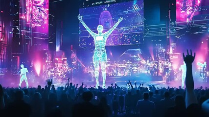 Futuristic concert scene with holographic performer and vibrant crowd in neon cityscape - Powered by Adobe