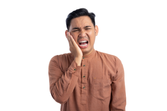 Unhealthy Asian Muslim man suffering from acute toothache, touching cheek with painful expression isolated on transparent background