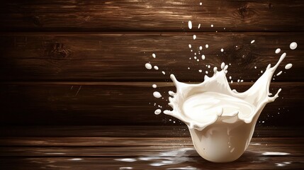 A dynamic splash of milk captured in mid-air against a rustic wooden backdrop