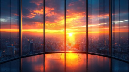 Fototapeta premium Spectacular Sunset Over Cityscape Viewed From Panoramic Windows