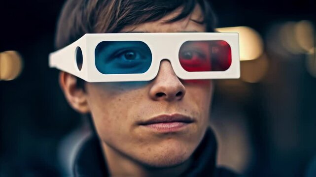 Close-up of a young person looking intently ahead while wearing classic red and blue anaglyph 3d glasses with reflections, representing 3d viewing experience, cinema and visual perception