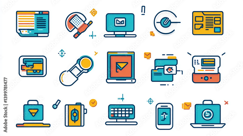 Poster vector icons for website design and development ui ux interface elements digital tools and communica