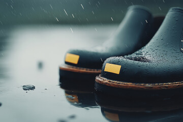 Raindrops glisten on black waterproof shoes on a wet surface during a rainy day