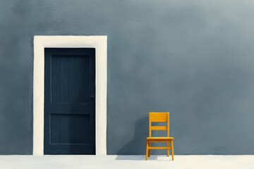 Door and lone chair against a minimalist wall