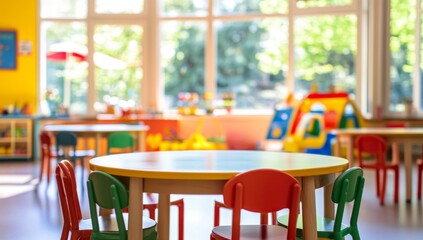 Colorful preschool classroom with vibrant tables and chairs