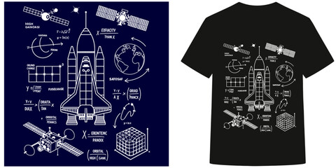 Space shuttle blueprint design, mathematical formulas and scientific diagrams, spaceship with rocket and solar panel scheme for education, t-shirt design for space exploration