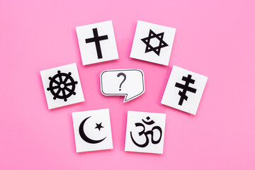 World religious symbols - Christianity cross, Islam crescent, Buddhism dharma wheel, Hinduism aum, Judaism David star top view