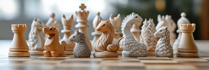 Creative chessboard features animal and pine pieces, showcasing strategic gameplay filled with wildness and imagination