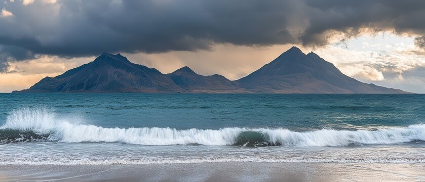 Coastal waves crash on beach, mountains under stormy sky - Powered by Adobe