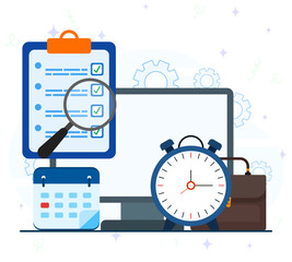 Working Hours Concept. Computer with clock, calendar, task document, magnifying glass and briefcase. Time management, work deadlines or work time planning. 