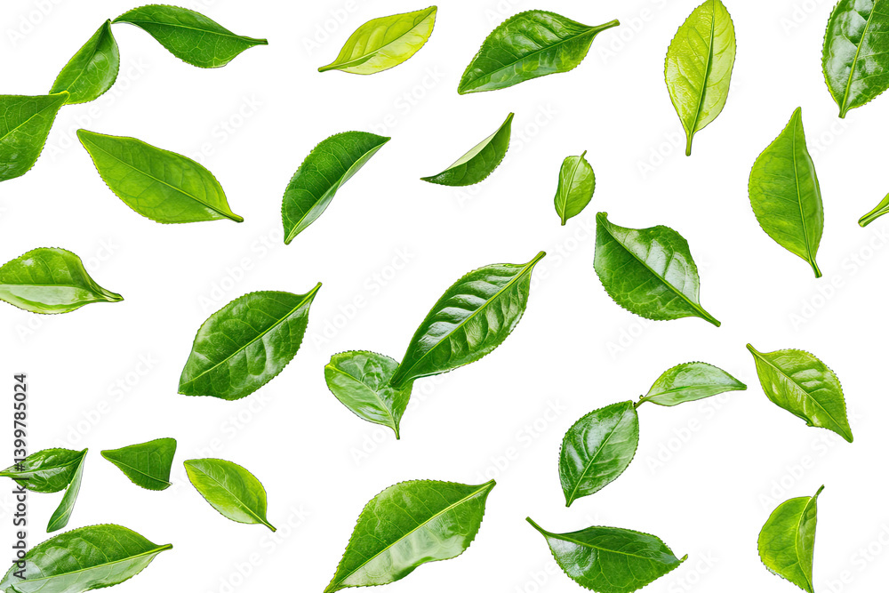 Poster various green tea leaves scattered on a white background showcasing their different shapes and sizes