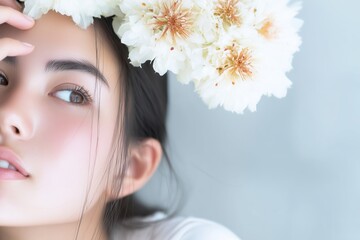 Naklejka premium スキンケアの成果を感じるナチュラルな潤い肌の女性